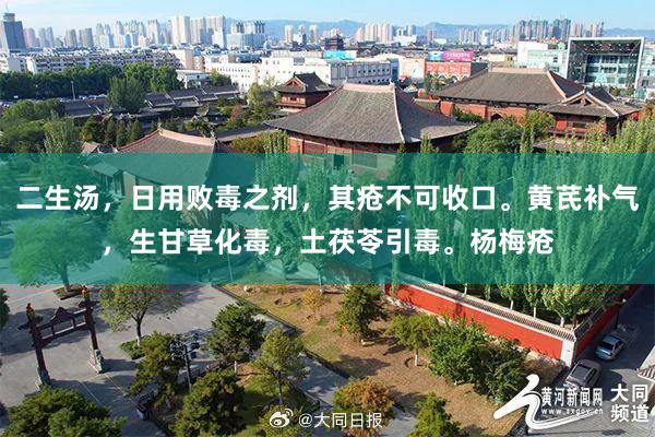 二生汤，日用败毒之剂，其疮不可收口。黄芪补气，生甘草化毒，土茯苓引毒。杨梅疮